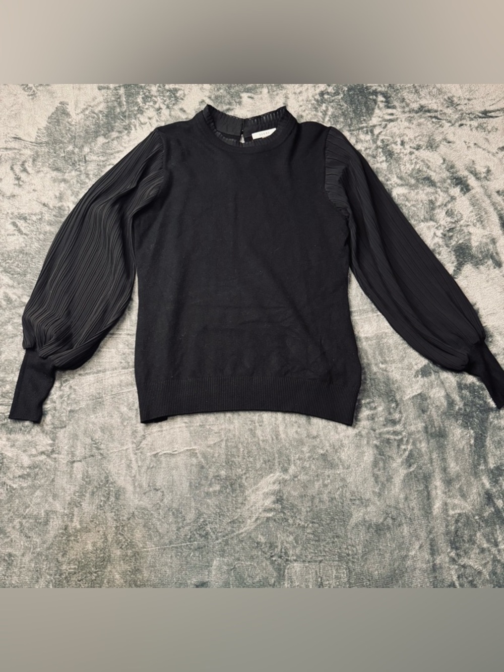 Sioni Black Crewneck Sweater with Pleated Sheer Balloon Sleeves